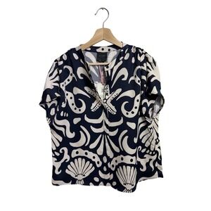 Alex Marie Button Front Navy & Cream Shell Print Short Sleeve Blouse NWT Size M